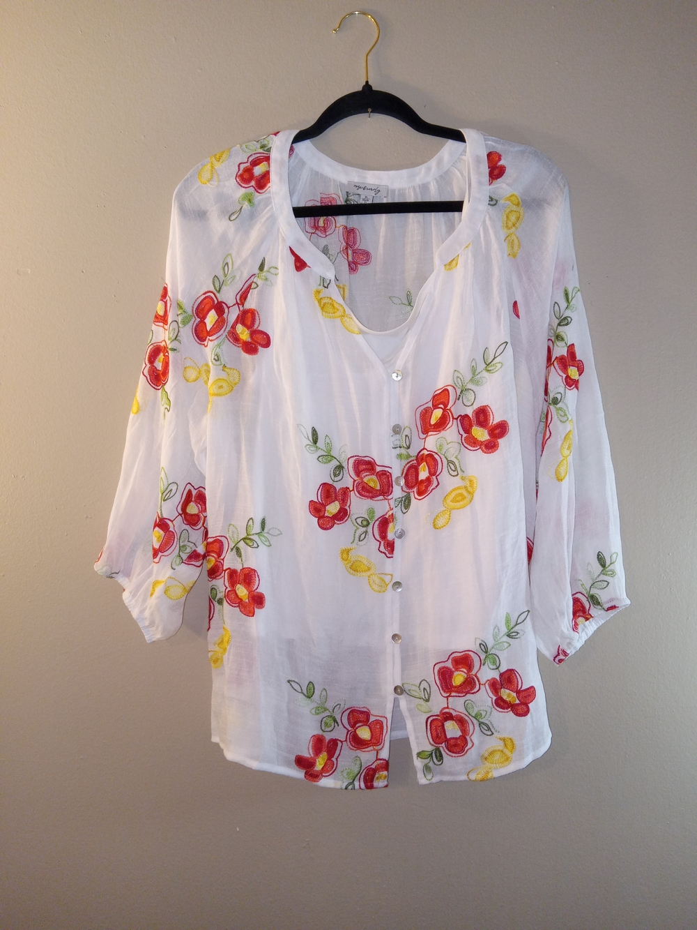 White Embroidered Button-Front Floral Blouse And Cami